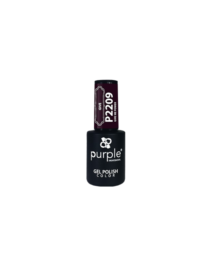 Purple Verniz Gel Give Me Power 10ml frasco de verniz gel para unhas preto com tampa roxa e texto branco