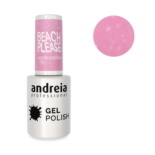 Andreia Verniz Gel Coleção Beach, Please! Bp6 Frasco de esmalte em gel branco e rosa com texto 'BEACH PLEASE LIMITED EDITION' e amostra da cor rosa claro