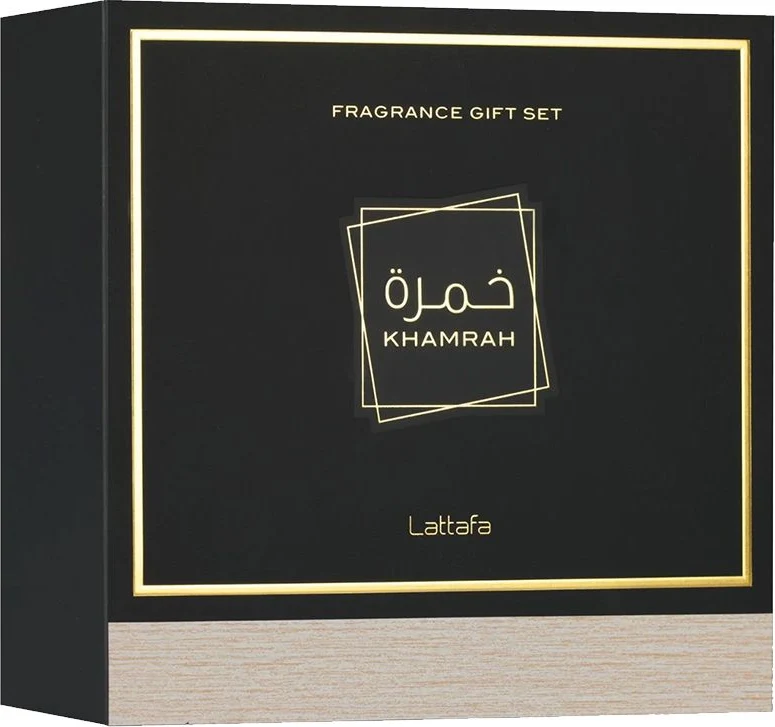 Lattafa Khamrah 100ml EDP + 12ml EDP + 50ml Hair Mist Giftset Caixa preta com texto dourado e base de madeira clara