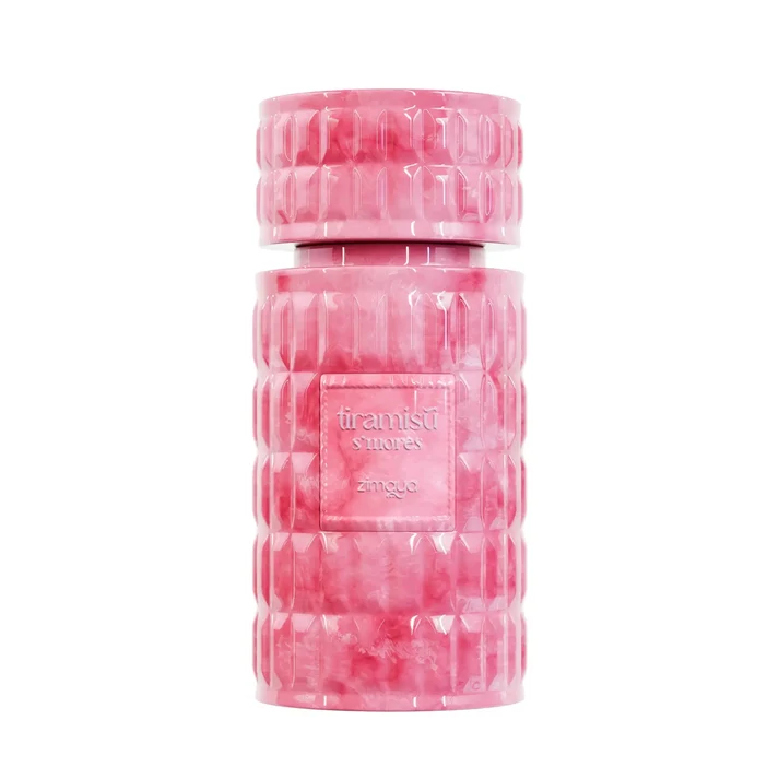 Zimaya Tiramisu S'Mores Eau De Parfum 100 Ml Frasco de perfume rosa texturizado com tampa larga e rótulo em relevo
