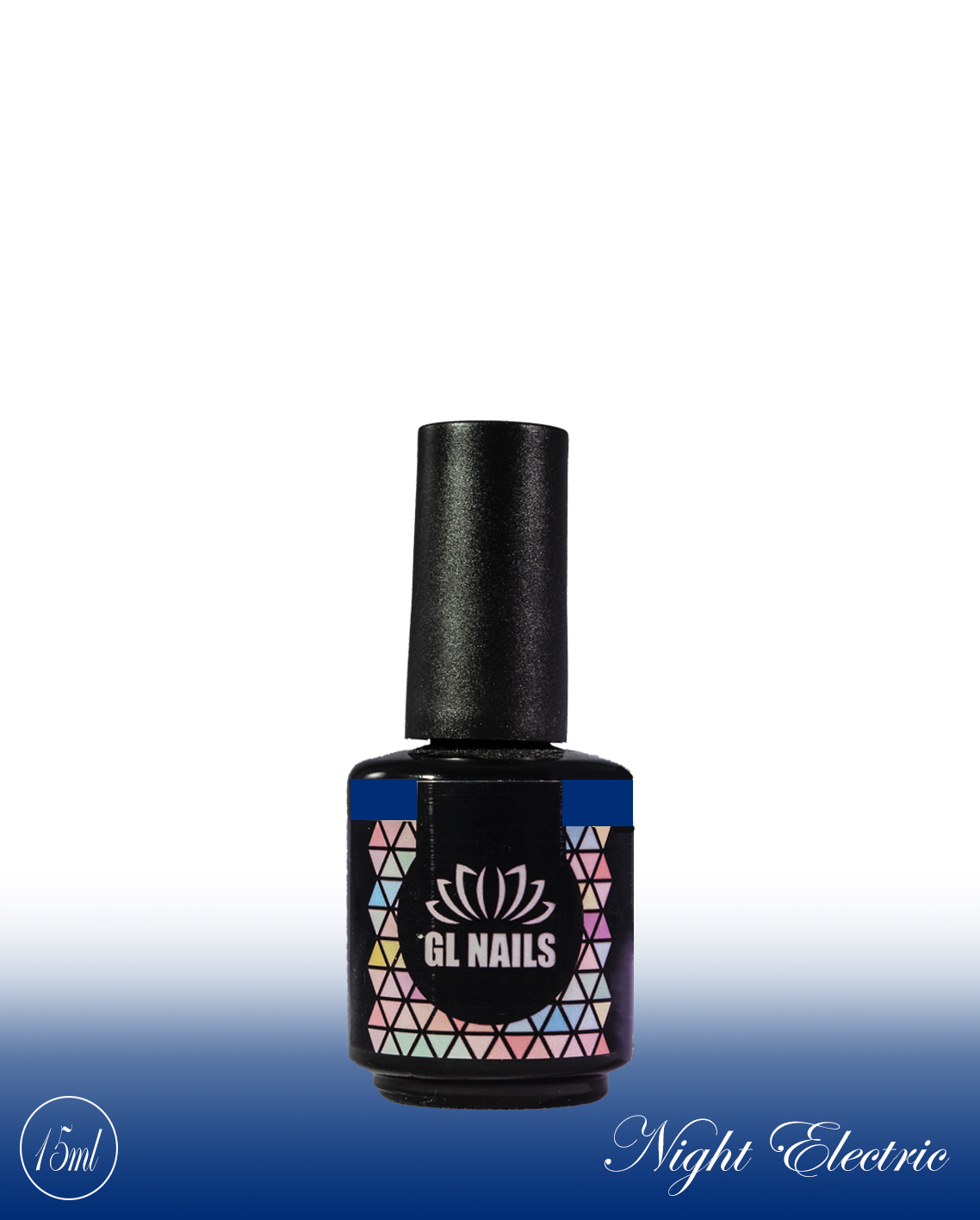 GL Nails - Verniz Gel Night Electric 15ml Frasco de verniz de unhas GL NAILS com tampa preta e rótulo colorido