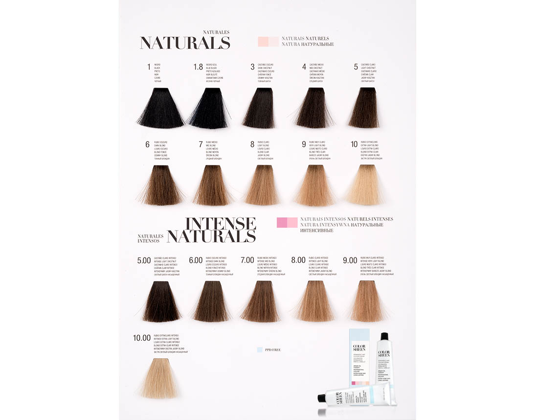 Kosswell Professional Coloração Color Sheen 100ml(108cores) Tabela de cores de tintas de cabelo Naturals e Intense Naturals da Listrase com amostras numeradas e tubos de tinta