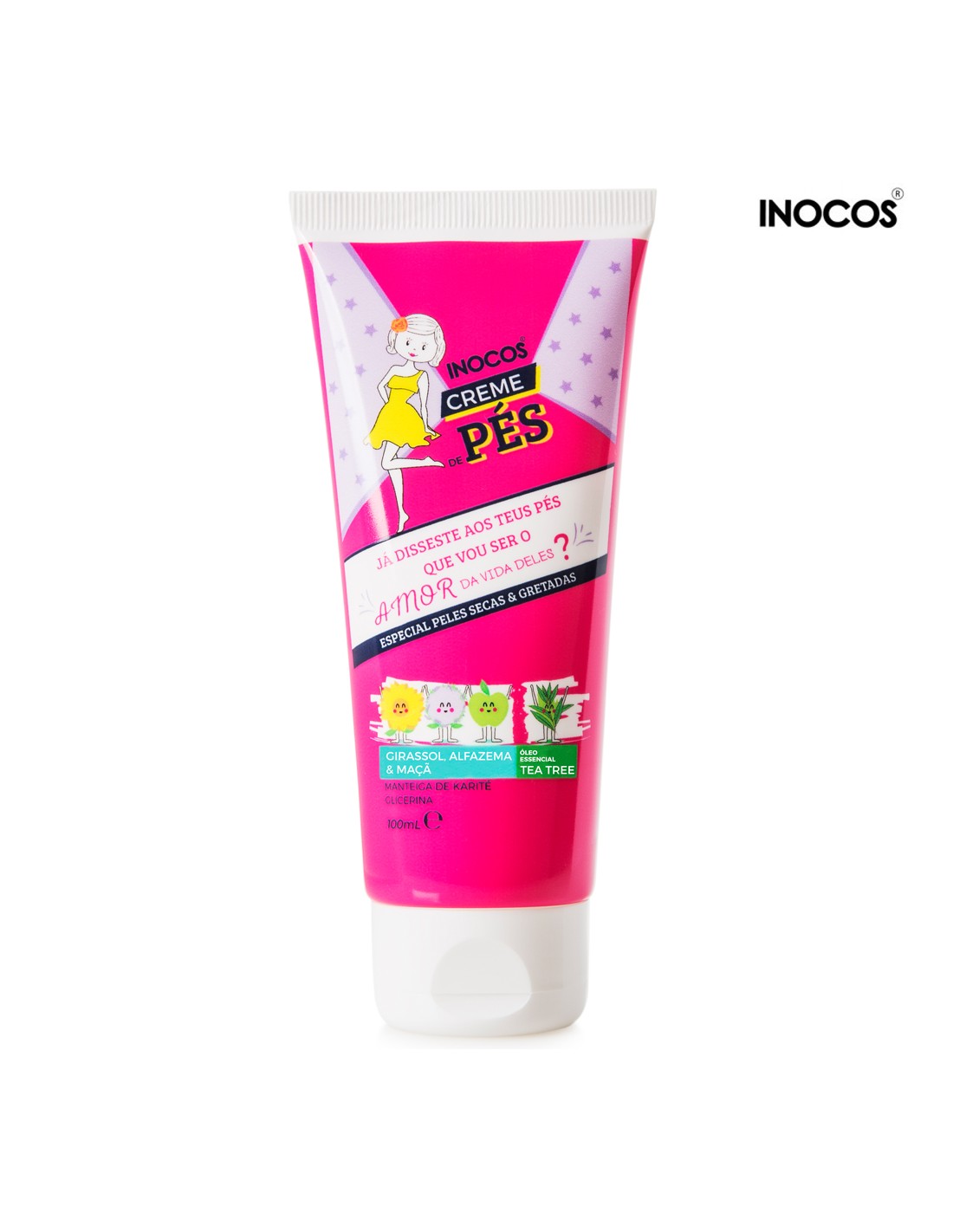 Creme de Pés 100ml Inocos Tubo rosa de creme para pés INOCOS com tampa branca e texto em português