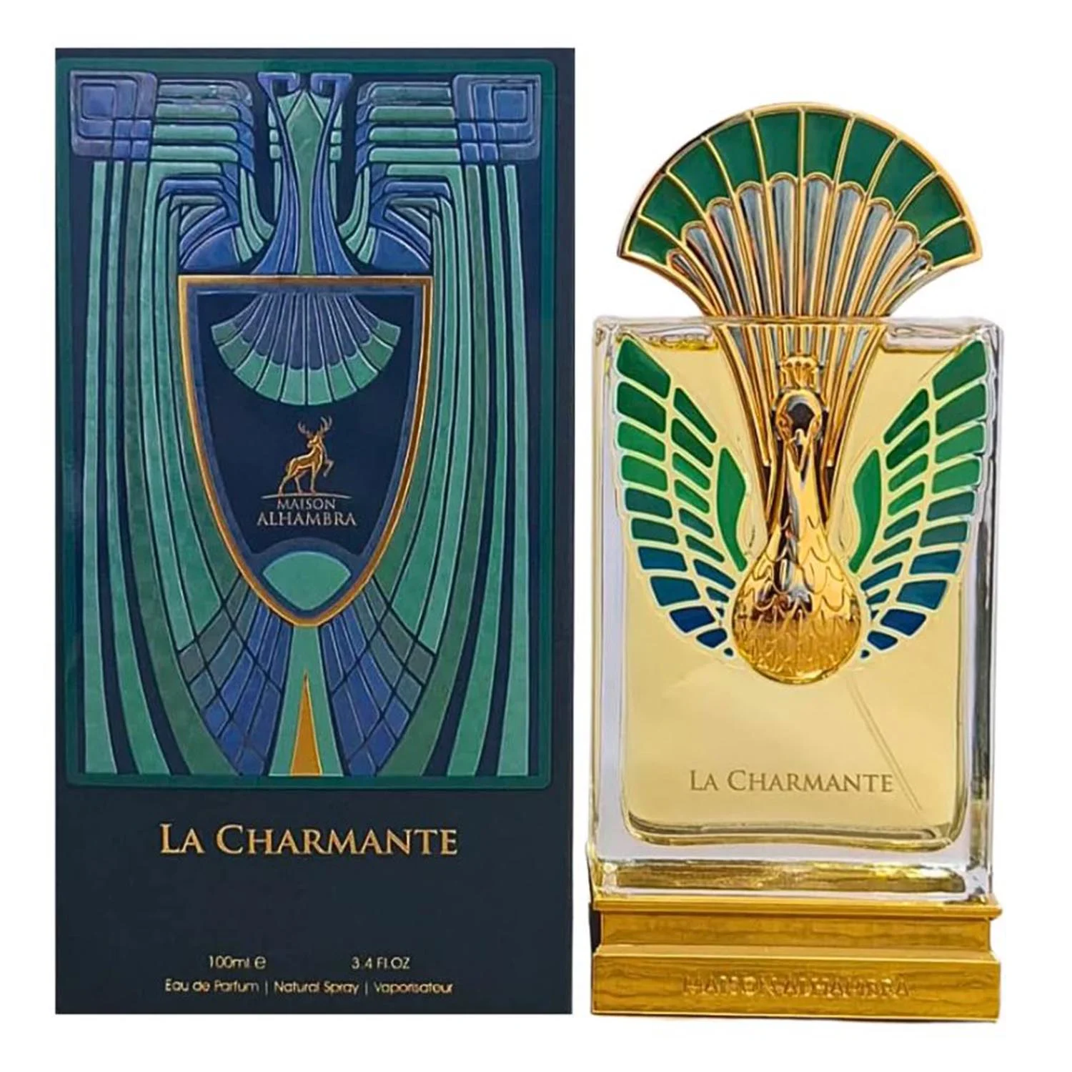 Maison Alhambra Unisex La Charmante EDP Spray 100ml Frasco de perfume La Charmante com design decorativo e embalagem azul escura
