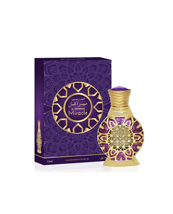 Al Haramain Miracle perfumed oil unisex 15ml Frasco e caixa de óleo de perfume Al Haramain Miracle 15ml em roxo e dourado