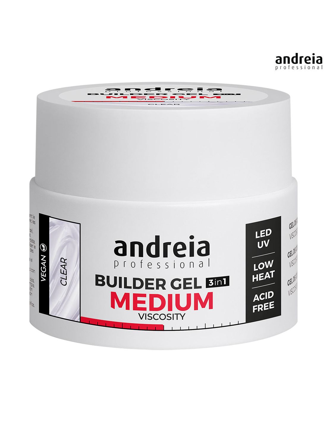 Andreia Builder Gel 3 IN 1 - Média Viscosidade 44gr Frasco branco de gel de construção para unhas andreia professional com texto e rótulos pretos e vermelhos