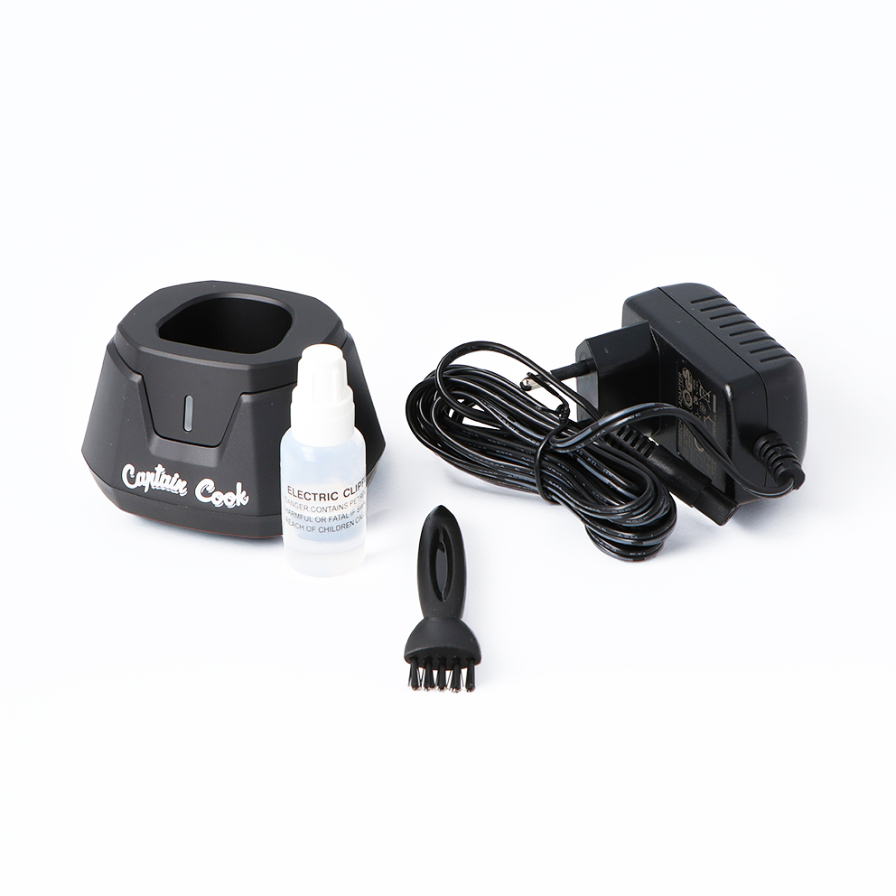 CAPTAIN COOK TRIMMER VECTORIAL ROCKET LITE 10000RPM 09291 Conjunto de carregador, líquido em frasco, escova e adaptador preto sobre fundo branco