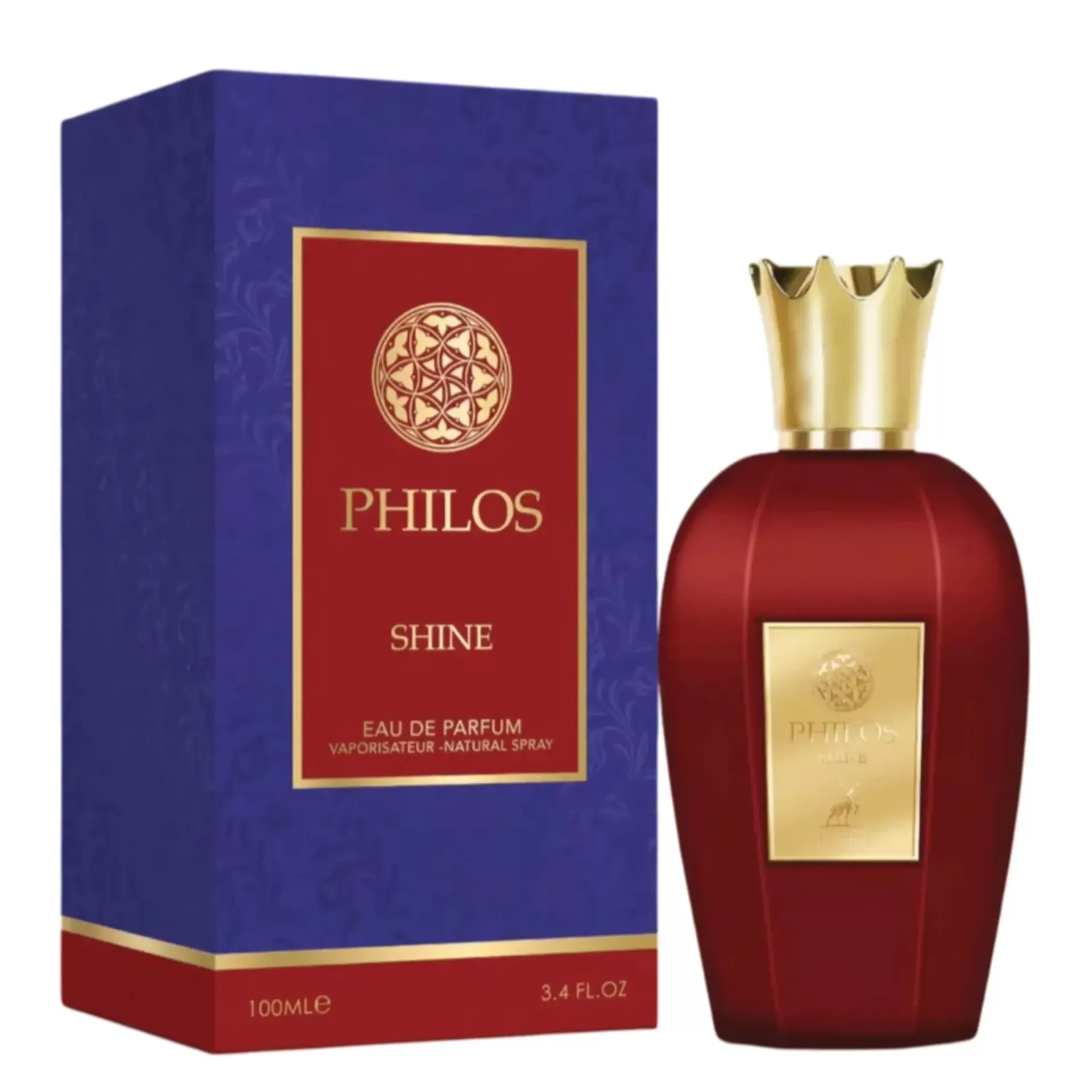 Maison Alhambra Philos Shine Eau de Parfum 100ml Frasco de perfume PHILOS SHINE vermelho com tampa dourada e caixa azul com vermelho e dourado