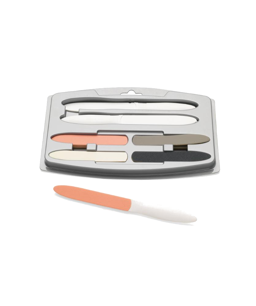 Sistema Polir Profissional Manicura Esteta Conjunto de lima de unhas com várias limas de diferentes cores em embalagem de plástico