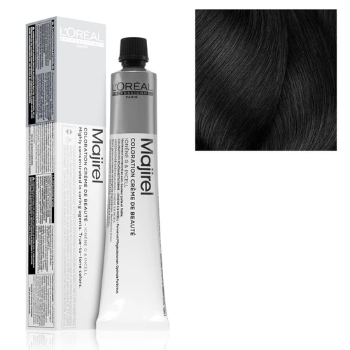 Loreal coloração majirel 3 50ml Tubo e embalagem de creme de coloração capilar Majirel LOréal com amostra de cabelo preto