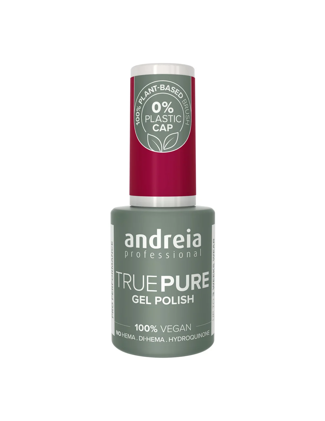 True Pure Gel Polish Andreia 0% Plastic T24 10.5ml Frasco de verniz gel verde cinza com tampa vermelha e rótulo com texto