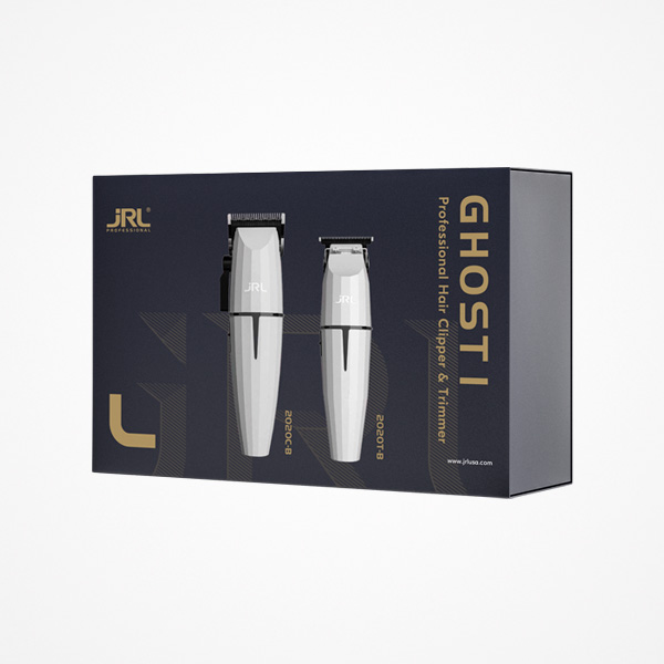 KIT GHOST CLIPPER ONYX + TRIMMER ONYX BRANCO JRL Conjunto de cortadores de cabelo JRL Ghost I em caixa preta com texto dourado