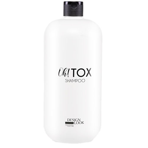 CHAMPÚ BOTOX OH!TOX 1000ML DESIGN LOOK Frasco branco de plástico com tampo preto e texto Oh! TOX SHAMPOO