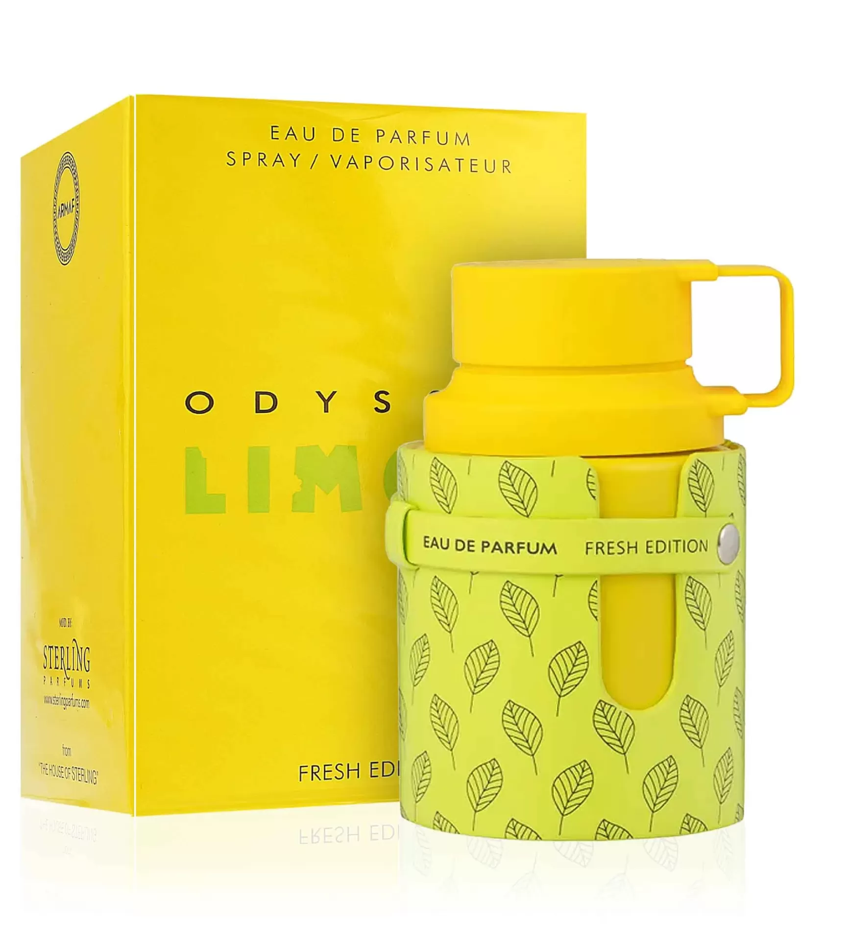 Armaf Odyssey Limoni Fresh Eau de Parfum unissexo 100 ml Frasco de perfume amarelo com suporte verde e embalagem amarela com texto