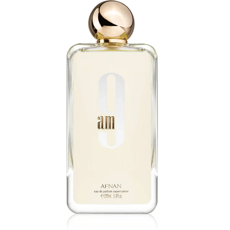 Afnan 9 AM Eau de Parfum para mulheres Frasco de perfume transparente com tampa dourada e texto am e AFNAN