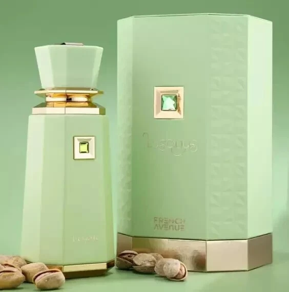 Luscious | Pistachio Fragrance Feminino 100ml Frasco e embalagem de perfume verde menta com detalhes dourados e pedras verdes