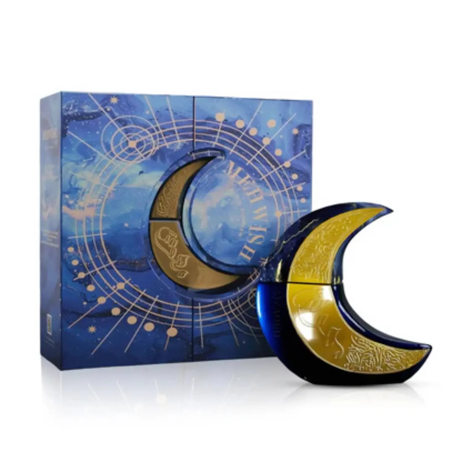 Paris Corner Mehwish Eau De Parfum100ml Cofre e caixa de luxo em forma de lua com dourado e azul escuro