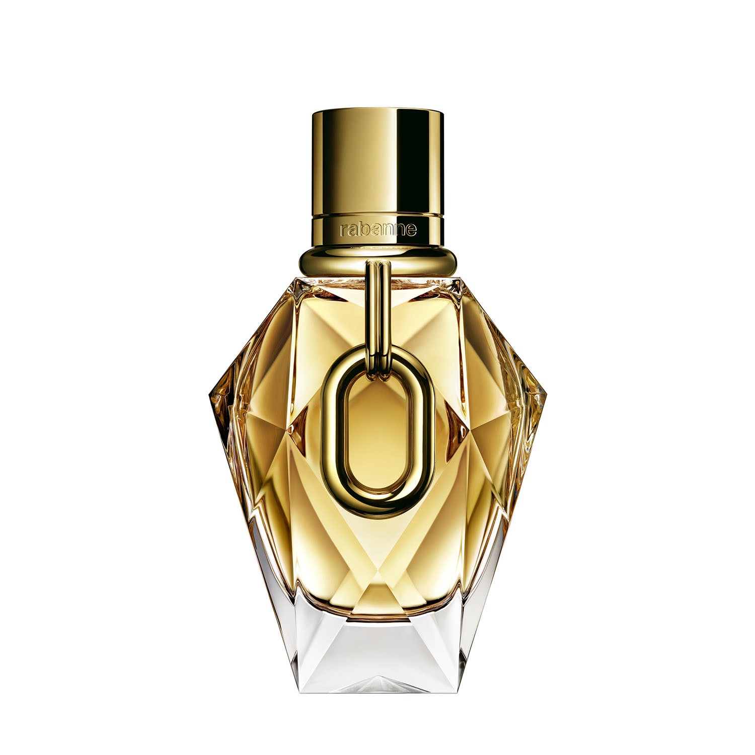 Rabanne Million Gold For Her Elixir 50 Ml Frasco de perfume amarelo dourado com tampa metálica e pendente oval