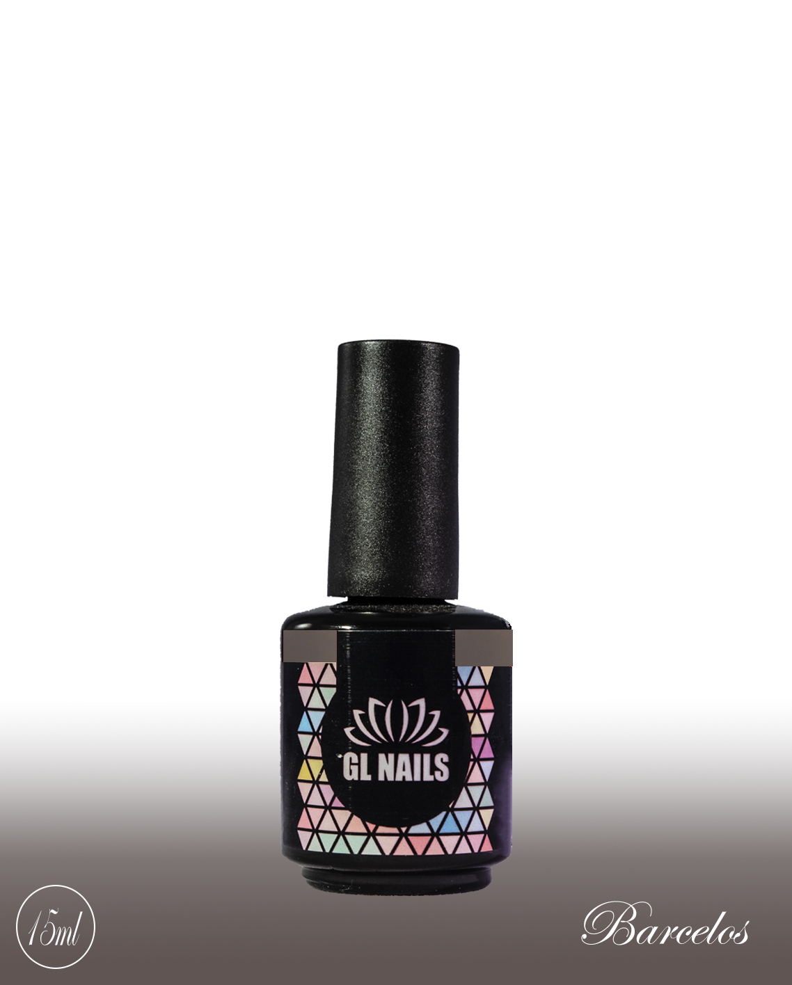 GL Nails - Verniz Gel Barcelos 15ml Frasco de verniz de unhas preto com tampa e rótulo colorido com texto GL NAILS