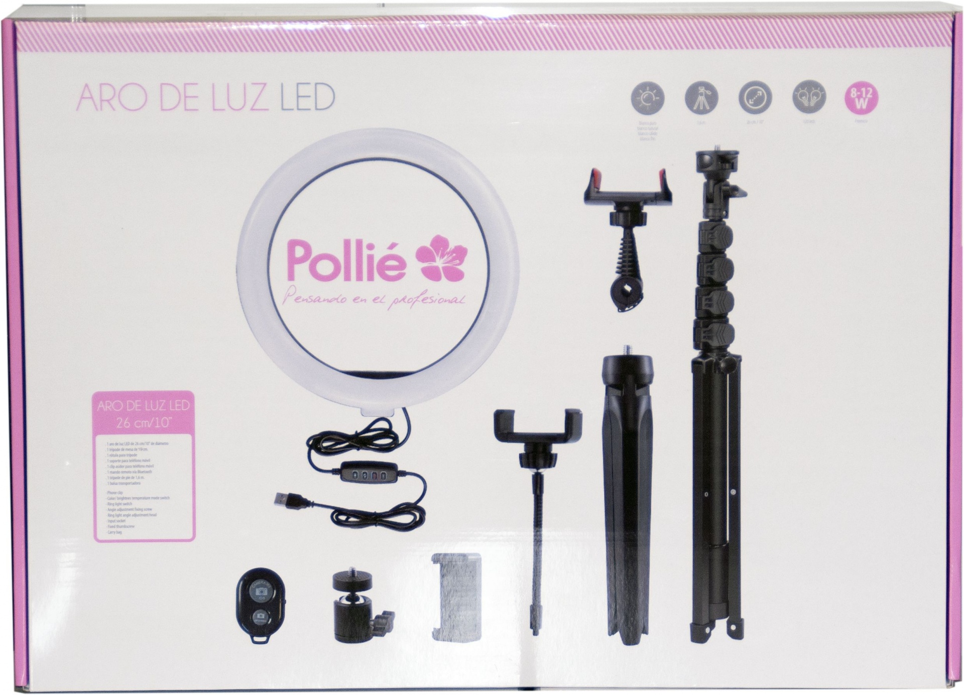 Pollié Anel de luz LED D.26cm Caixa de aro de luz LED Pollié com acessórios em branco e rosa