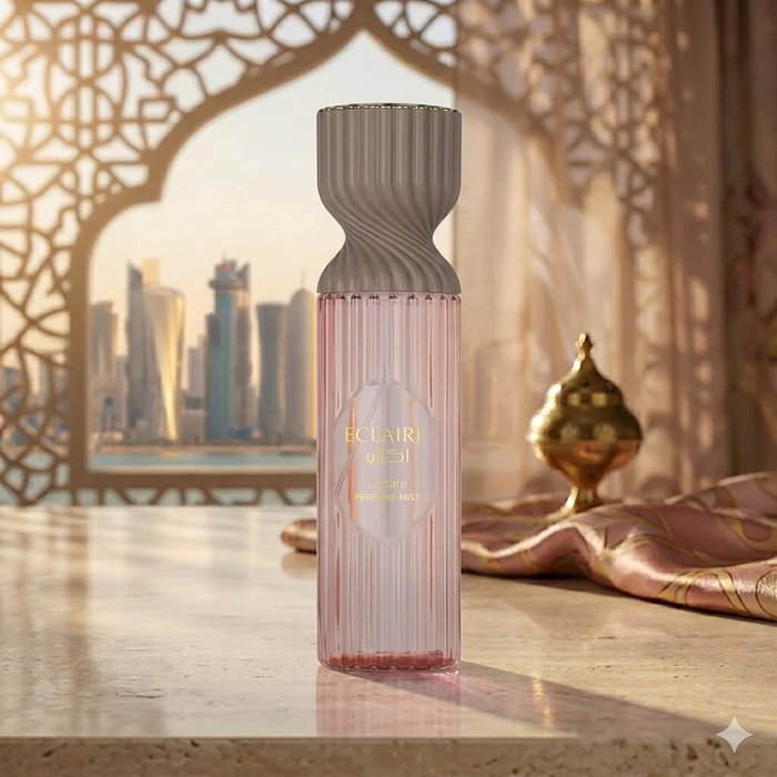 Lattafa Eclaire Women Body Mist 250ml Frasco de perfume ECLAIRE de vidro rosa com tampa cinza sobre superfície de pedra