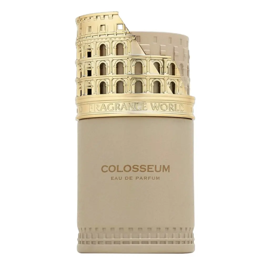 Fragrance World Colosseum Eau De Parfum Unisex 100 Ml Frasco de perfume estilo Coliseu com tampa dourada e corpo bege texturizado