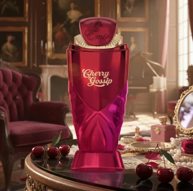 Emir Cherry Gossip EDP U 100 ml Frasco de perfume vermelho Cherry Gossip numa mesa clássica com cerejas e jóias