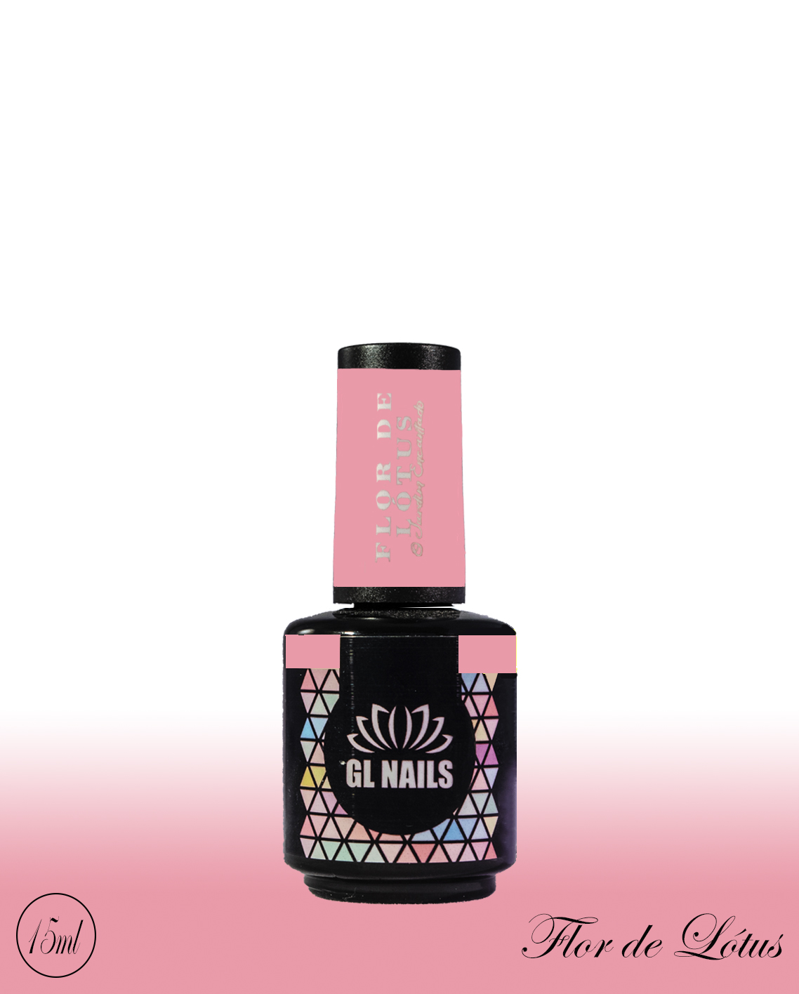 GL Nails - Verniz Gel Flor de Lotus 15ml Frasco de verniz de unhas preto e rosa com padrão geométrico e texto FLOR DE LÓTUS.