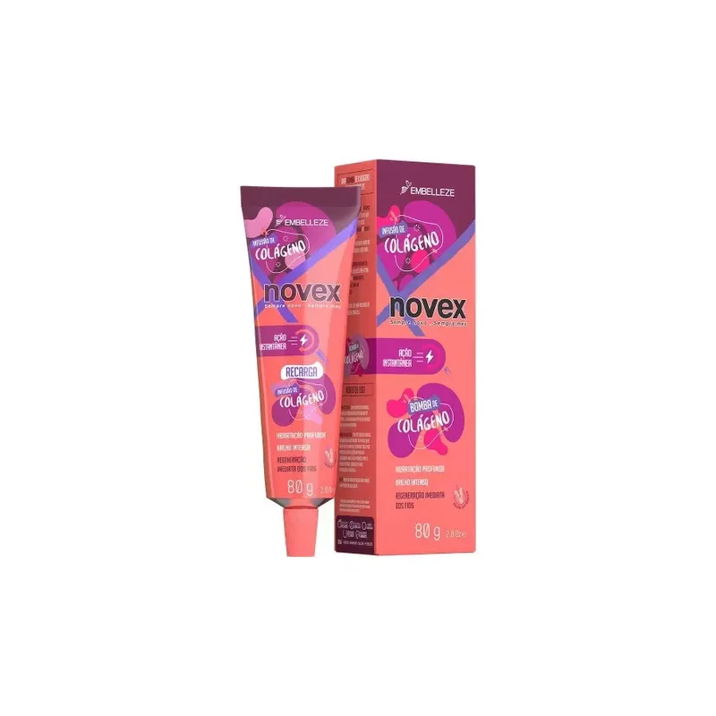 Recarga Novex de Colagénio 80g Creme capilar Novex Colágeno em tubo e caixa laranja e rosa