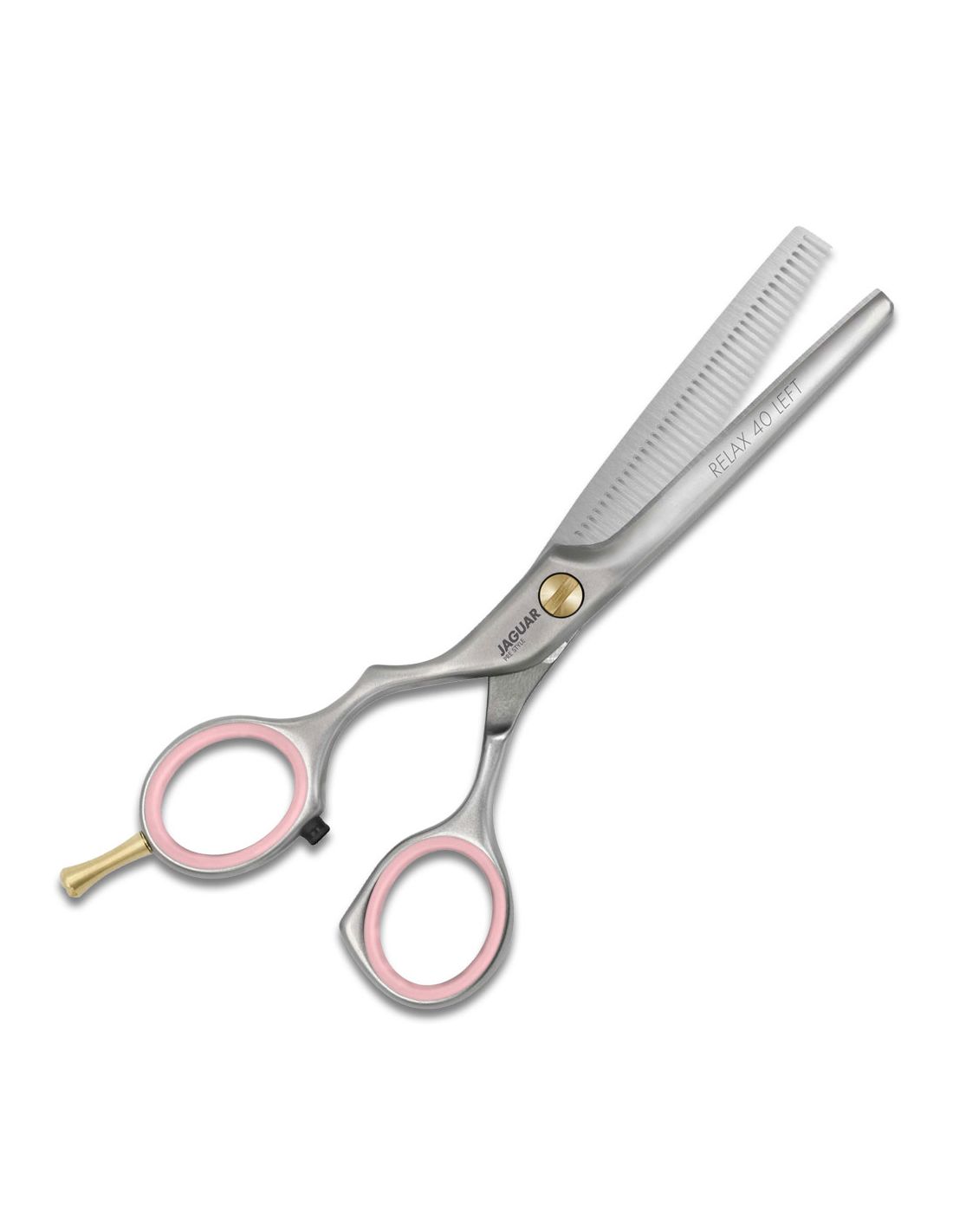 Set Básico Good Vibes Relax Left (Esquerda) Pre Style - Jaguar Tesoura de cabelo metálica prateada com empunhadura rosa e lâminas serrilhadas