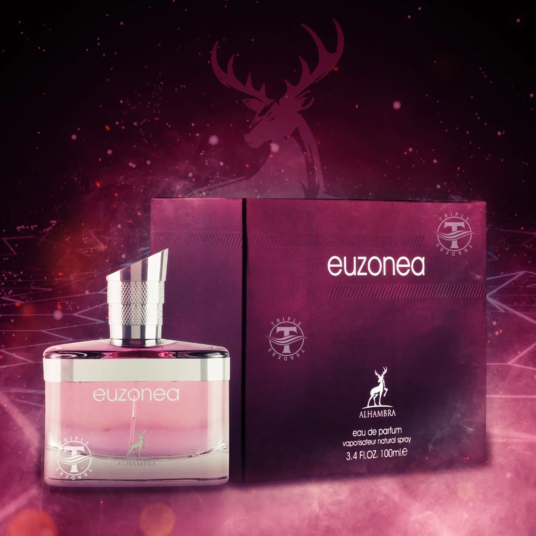 Euzonea | Maison Alhambra 100ml Frasco de perfume Euzonea Alhambra com caixa em tons rosa e roxo