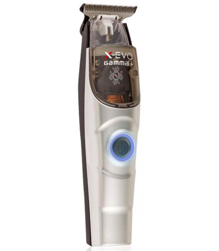 MÁQUINA GAMMA PIU X-EVO Máquina de cortar cabelo elétrica prateada com botão iluminado azul