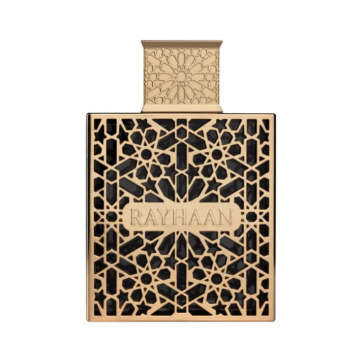 Rayhaan Elixir Perfume Unissexo 100ml Frasco de perfume dourado com padrão intricado e texto RAYHAAN