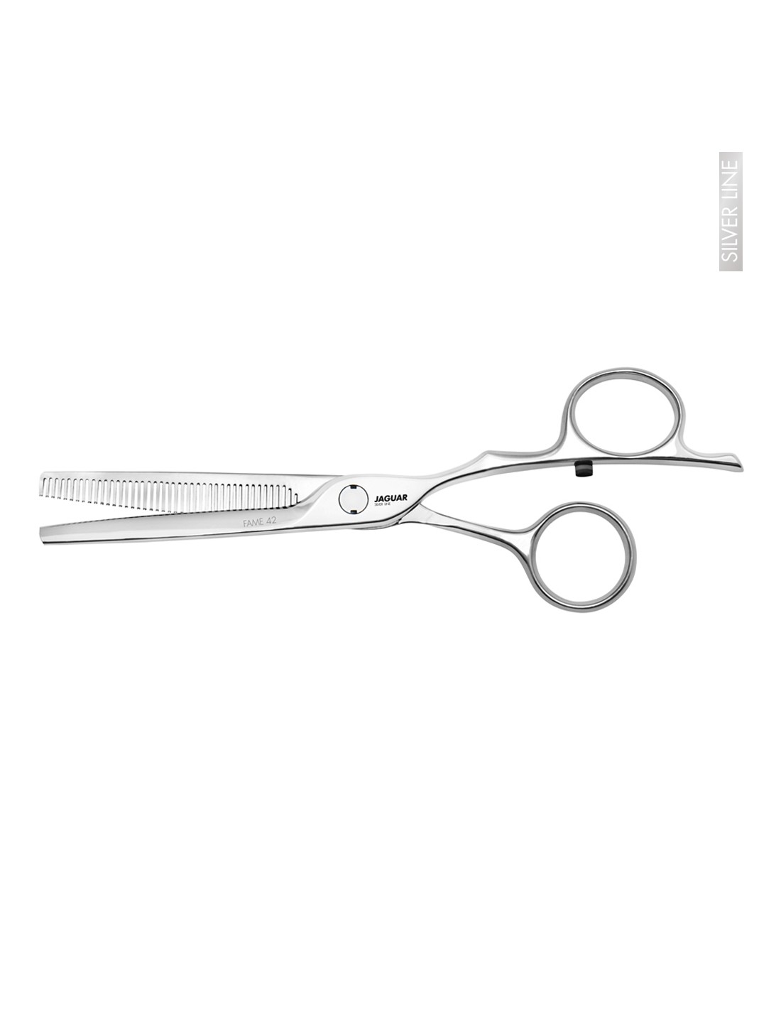 Jaguar Tesoura Desbaste Fame 42 - Silver Line Tesoura de cabeleireiro metálica prateada com lâminas dentada e lisa sobre fundo branco