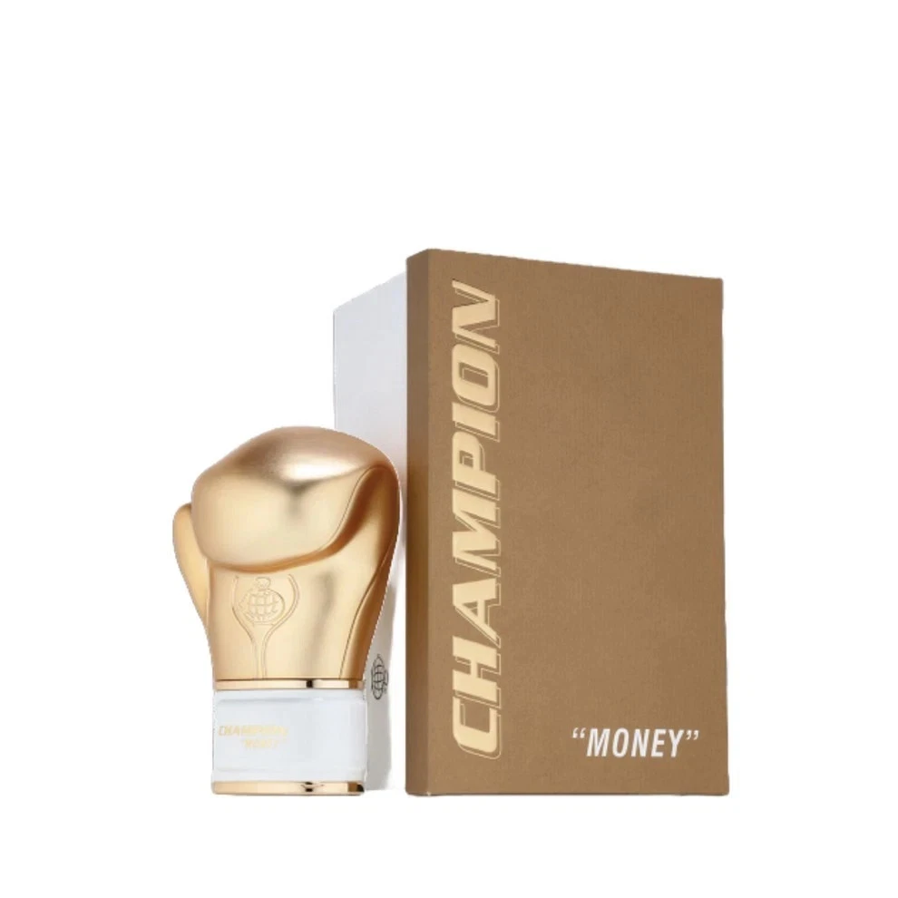 Champion Money Eau de Parfum 100ml - Fragrance World Frasco dourado em forma de luva de boxe com caixa dourada