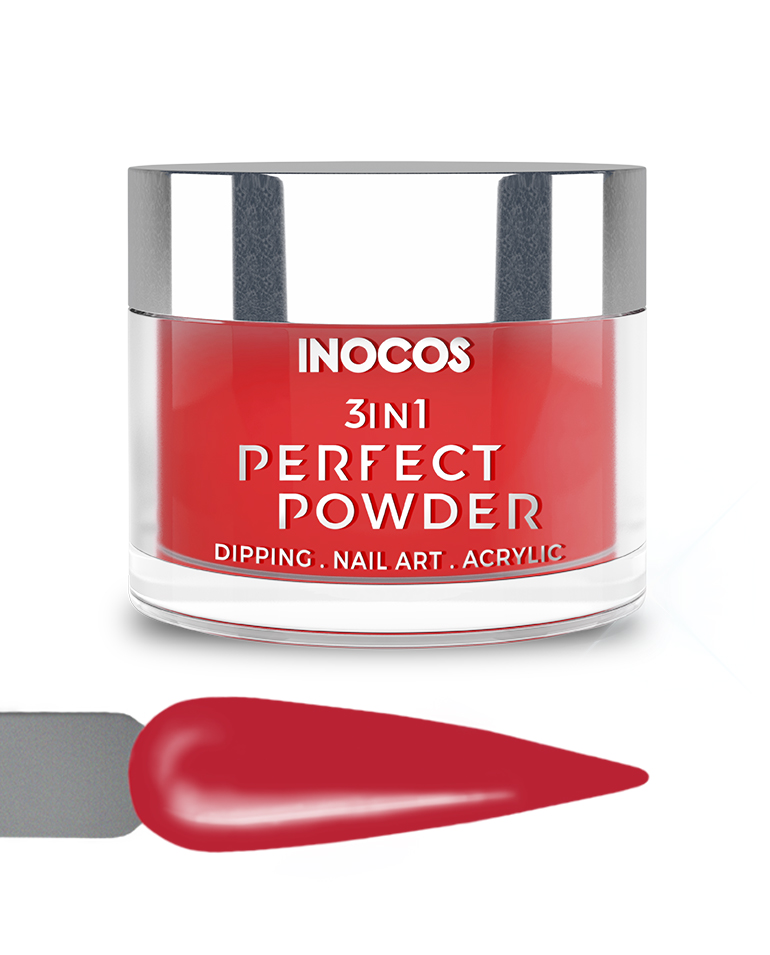 INOCOS PERFECT POWDER 3 EM 1 P36 Vermelho Romã 20GR Pó para unhas vermelho INOCOS em pote transparente com tampa prateada