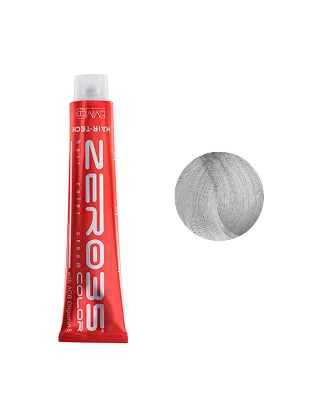 Coloração Hair-Tech 100ml - Prata - Zero35 - Emmebi Tubo vermelho de creme para coloração de cabelo com texto branco e bola de fios de cabelo cinzentos
