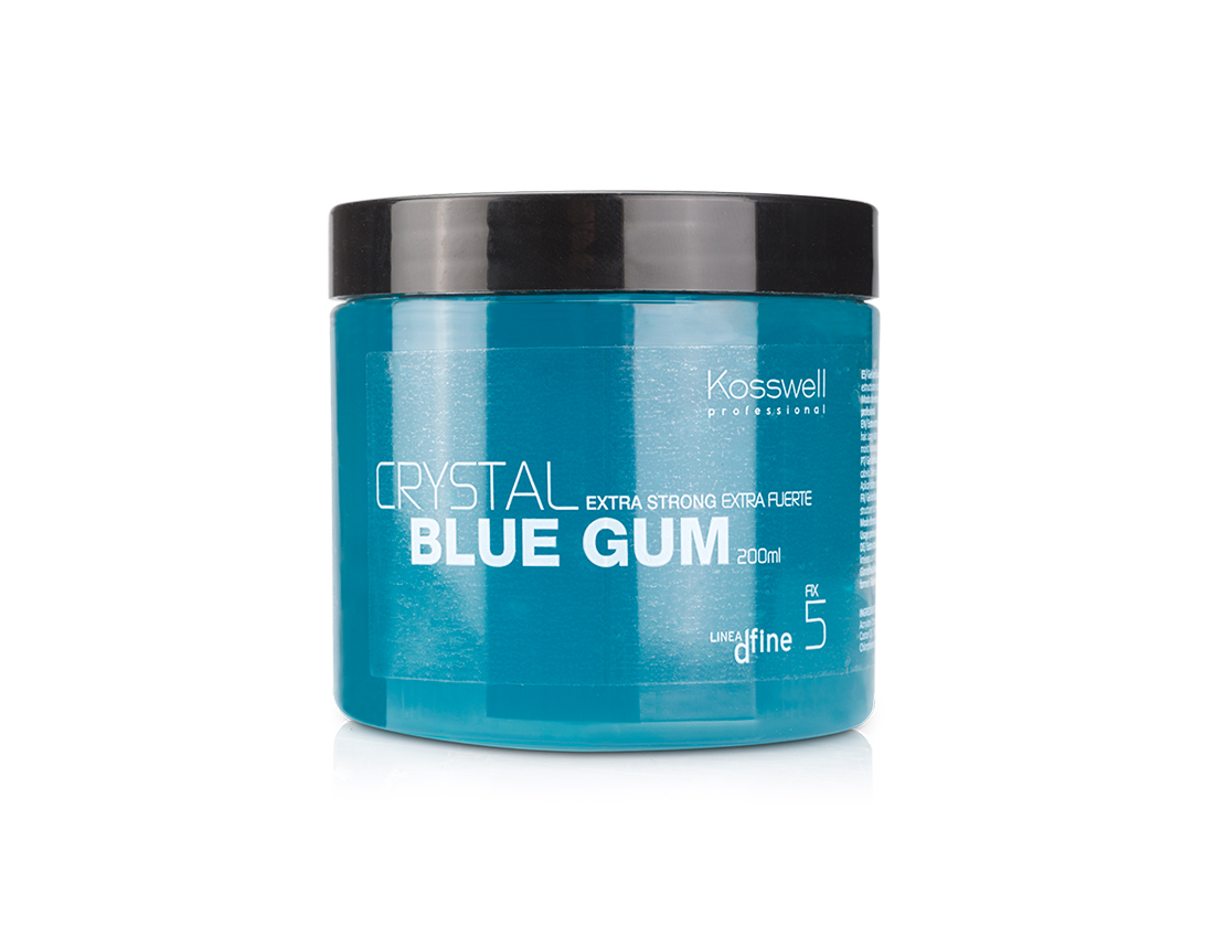 Kosswell Professional Gel Crystal Blue Gum 200ml Frasco azul de gel fixador para cabelo com tampa preta e texto branco