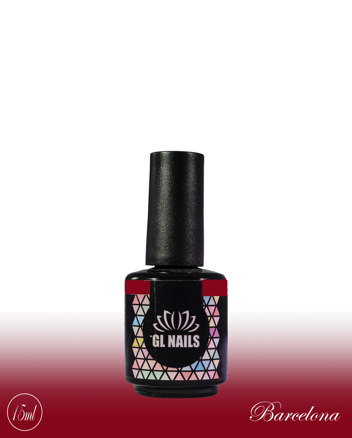 GL Nails - Verniz Gel Barcelona 15ml Frasco preto de verniz de unhas GL NAILS com rótulo geométrico colorido