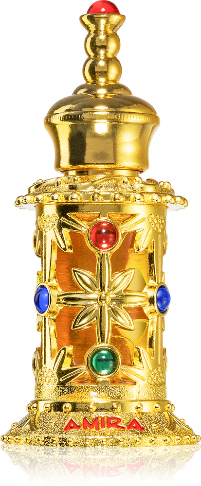 Al Haramain Perfumes Amira Gold 12ml - óleo perfumado Frasco dourado decorativo com pedras coloridas e a palavra AMIRA na base