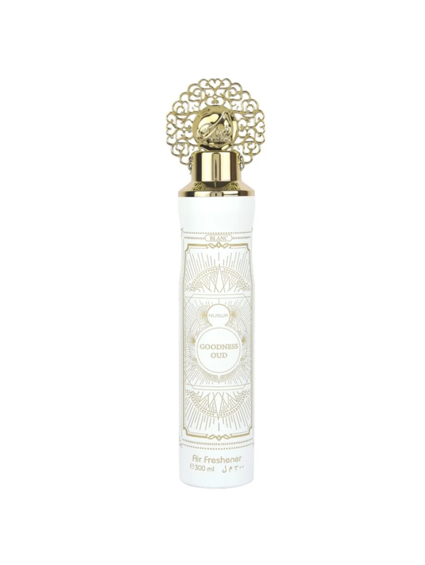 Nusuk Goodness Oud Blanc Home Fragrance 300ml Ambientador branco com tampa dourada decorativa e texto em dourado