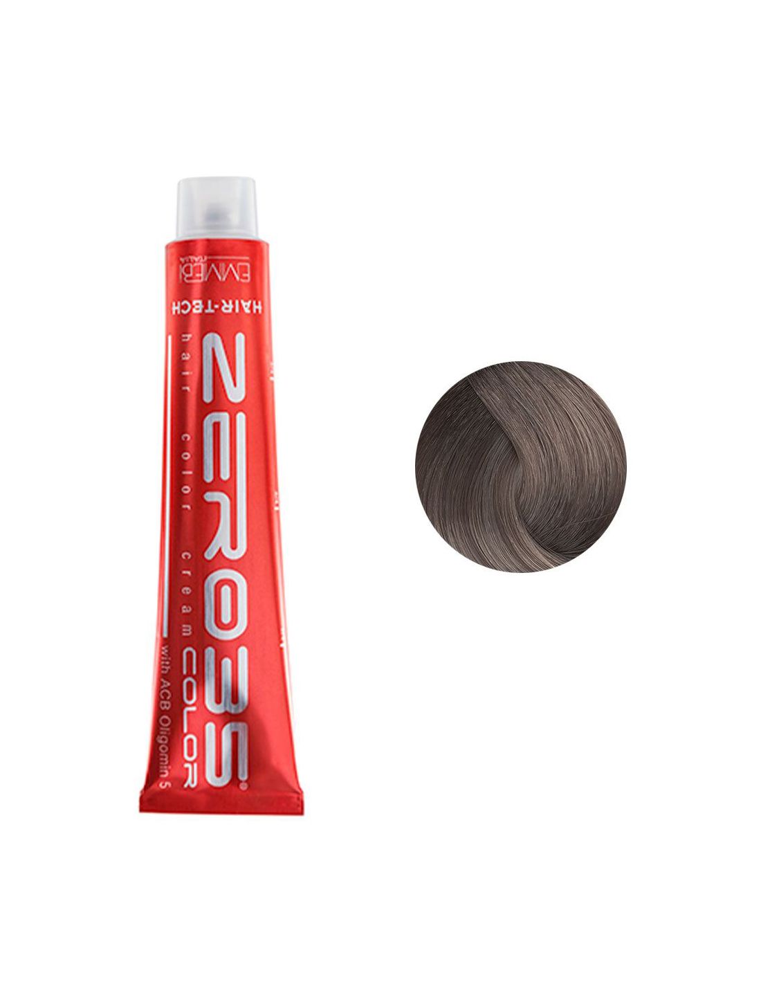 Coloração Hair-Tech 100ml - 7/1 Loiro Cinza - Zero35 - Emmebi Tubo de tinta para cabelo vermelho com amostra de cor castanha cinzenta