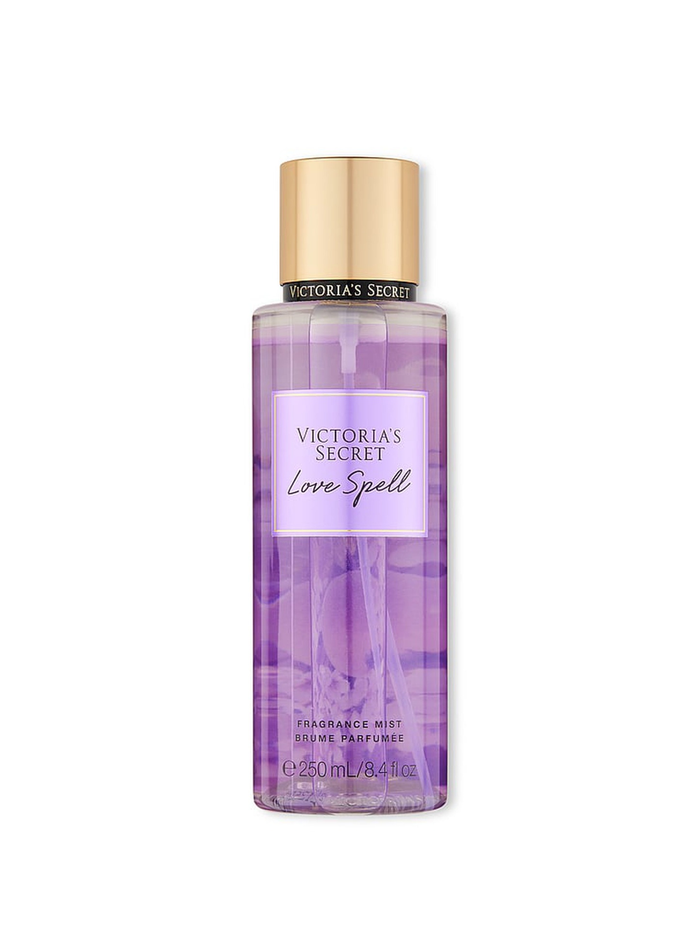 Victoria's Secret Love Spell Body Spray 250 ml Frasco de fragrance mist Victorias Secret Love Spell, líquido roxo, tampa dourada