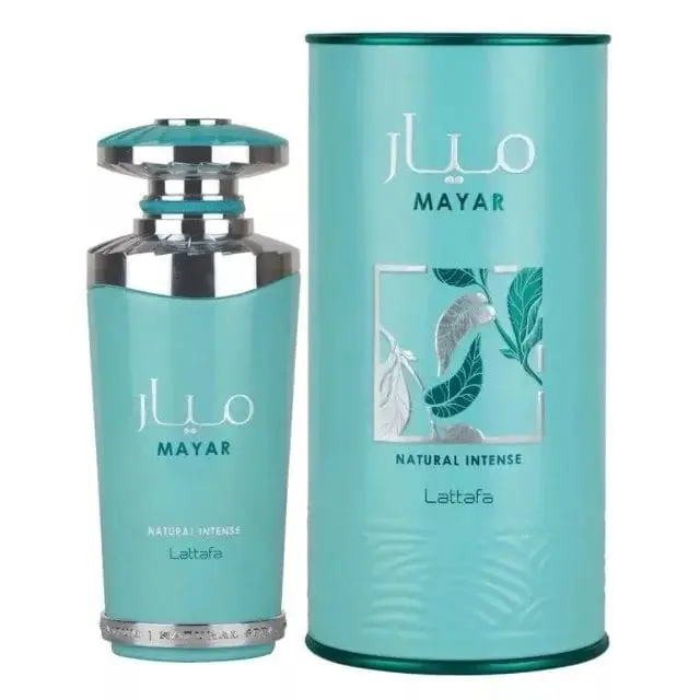 Mayar Natural Intense Lattafa Frasco e embalagem de perfume Mayar em turquesa com detalhes prateados