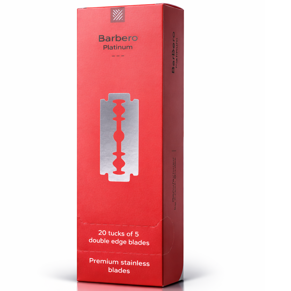 Lâminas Barbero Platinum 100 Unidades – Lâminas Profissionais para Barbearia Embalagem vermelha com lâminas de barbear Barbero Platinum e texto descritivo