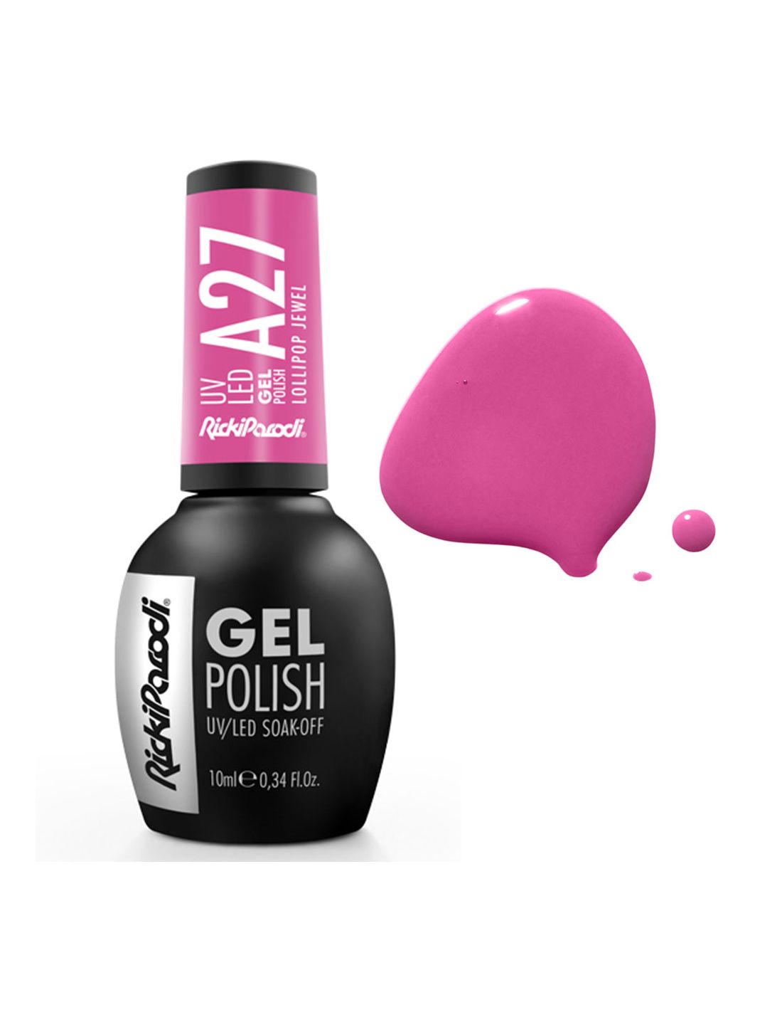 Verniz Gel A27 Lollipop Jewel - Air Collection - Ricki Parodi Frasco de verniz gel para unhas preto com tampa rosa e borrão rosa ao lado