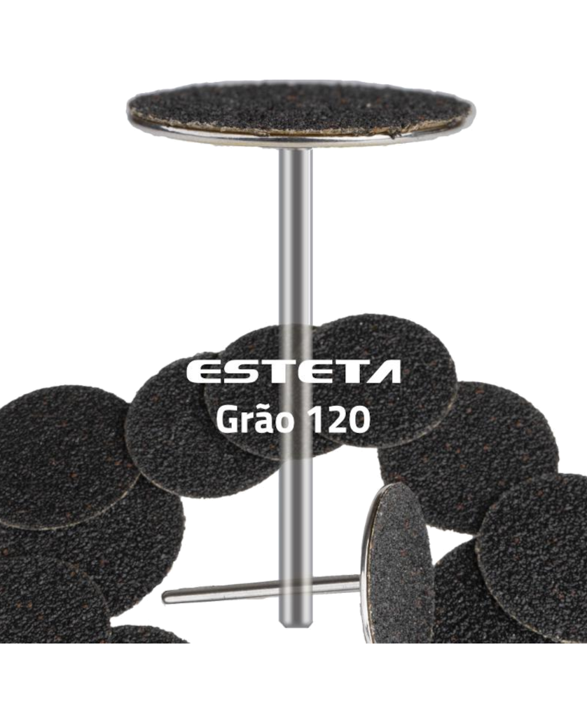 Esteta Kit Lixa Pedicure para Micromotor Grão Médio 120 Discos abrasivos pretos texturados com texto 'ESTETA Grão 120' e suporte metálico prateado