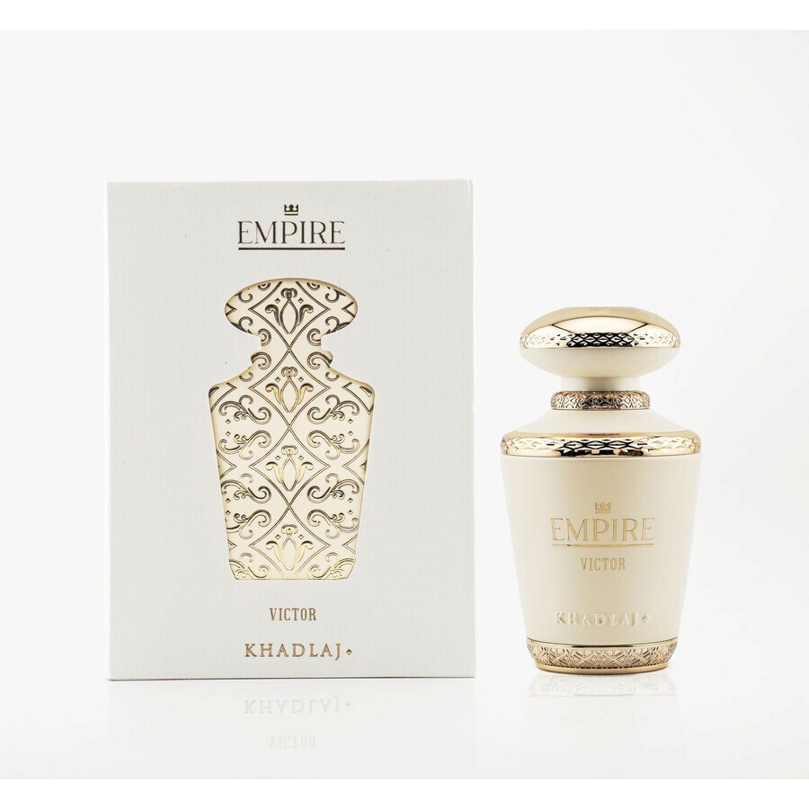 Khadlaj Empire Victor eau de parfum 100 ml Perfume Empire Victor Khadlaj branco com detalhes dourados e caixa com recorte do frasco.