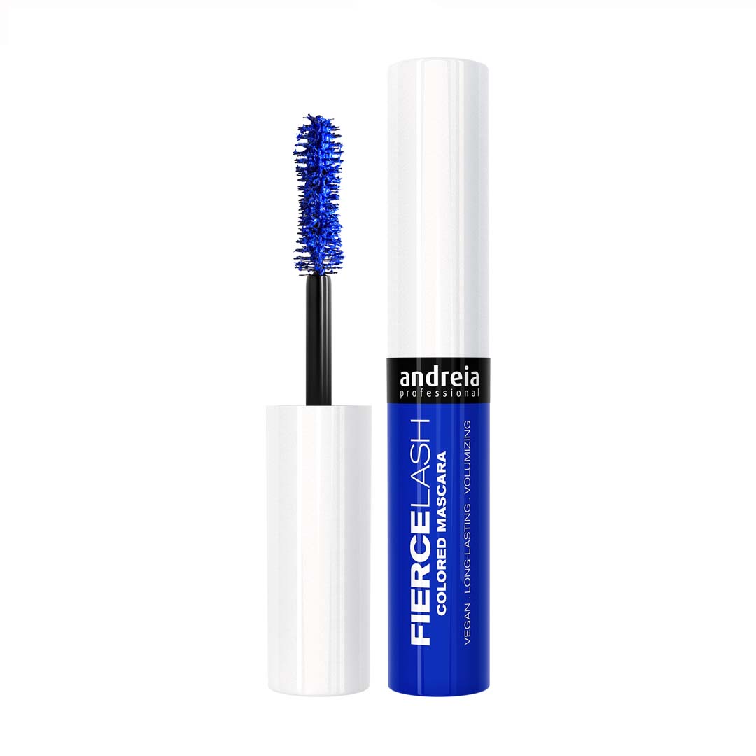 Andreia Makeup máscara Fierce Lash 01 Eletrical Blue Máscara de pestanas azul com embalagem branca e azul e escova aplicadora