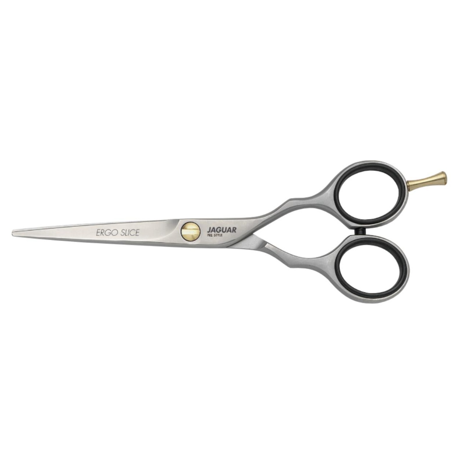 TESOURA JAGUAR ERGO SLICE Tesoura de corte metálica com argolas pretas e texto gravado